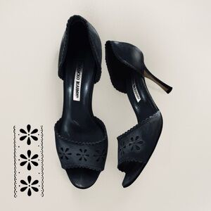 Manolo Blahnik Black Suede Laser-Cut Scalloped D'Orsay Pumps